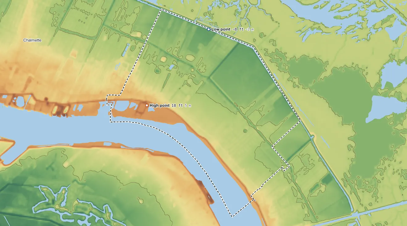 Topographic elevation map of Meraux, Louisiana, shaded from −8 ft on the north side to 18 ft on the west side