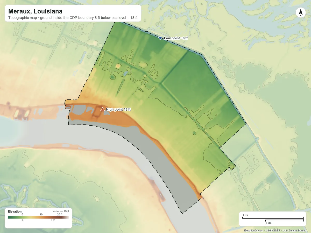 Topographic elevation map of Meraux, Louisiana, shaded from −8 ft on the north side to 18 ft on the west side