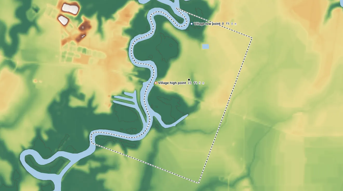 Topographic elevation map of Mermentau, Louisiana, shaded from 0 ft on the north side to 15 ft on the west side