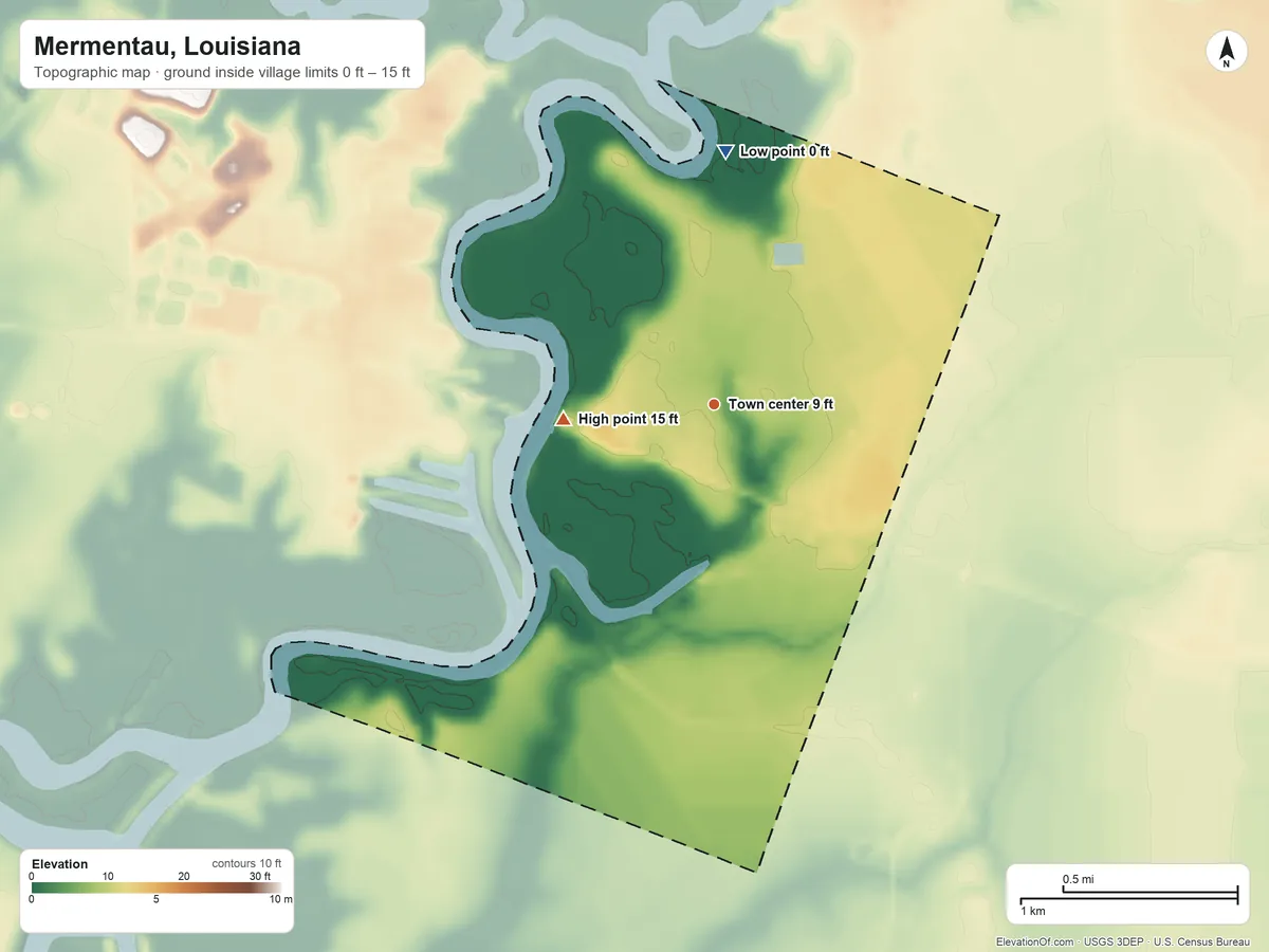 Topographic elevation map of Mermentau, Louisiana, shaded from 0 ft on the north side to 15 ft on the west side
