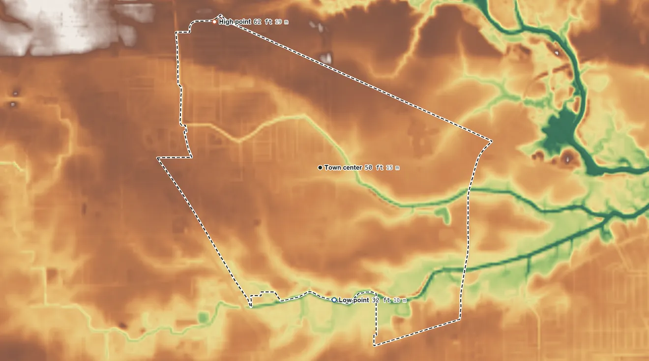 Topographic elevation map of Merrydale, Louisiana, shaded from 32 ft on the south side to 62 ft on the northwest side
