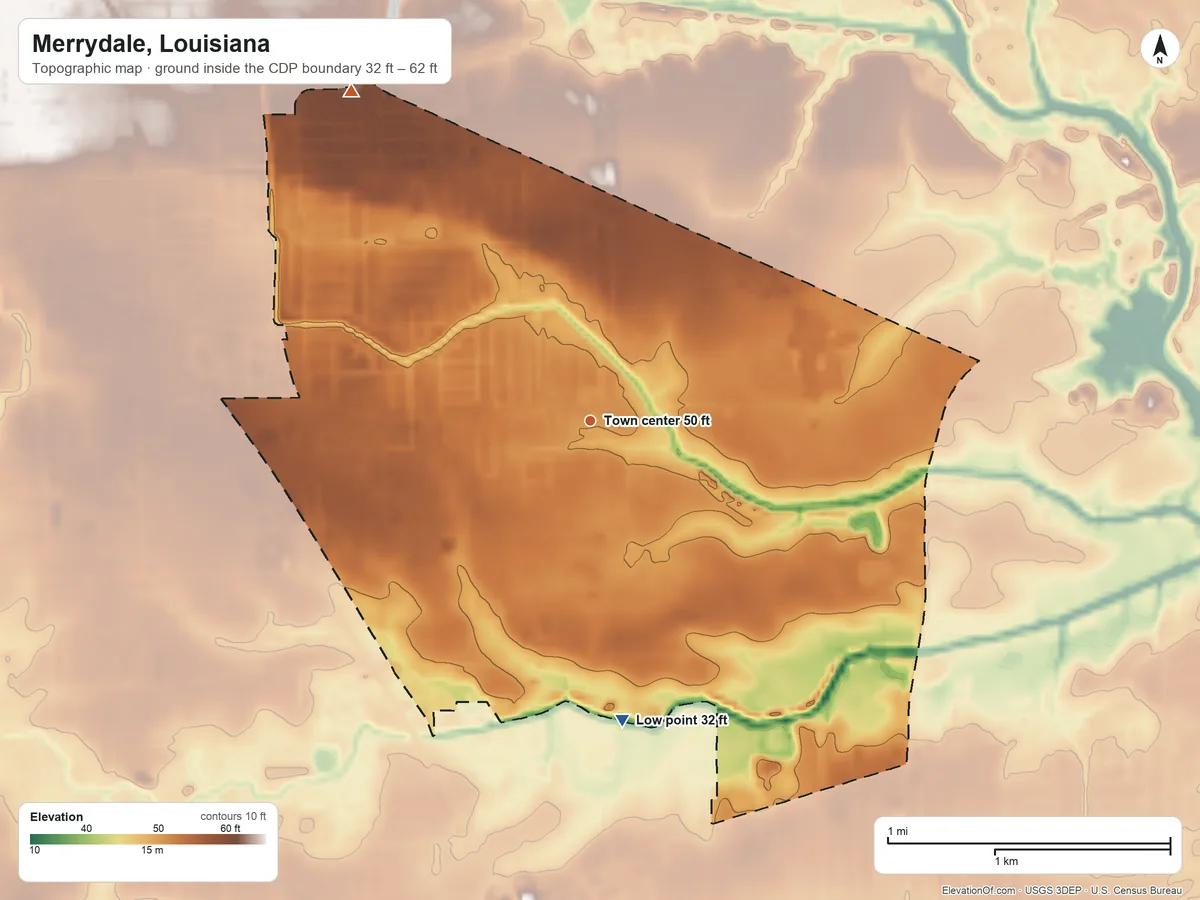 Topographic elevation map of Merrydale, Louisiana, shaded from 32 ft on the south side to 62 ft on the northwest side