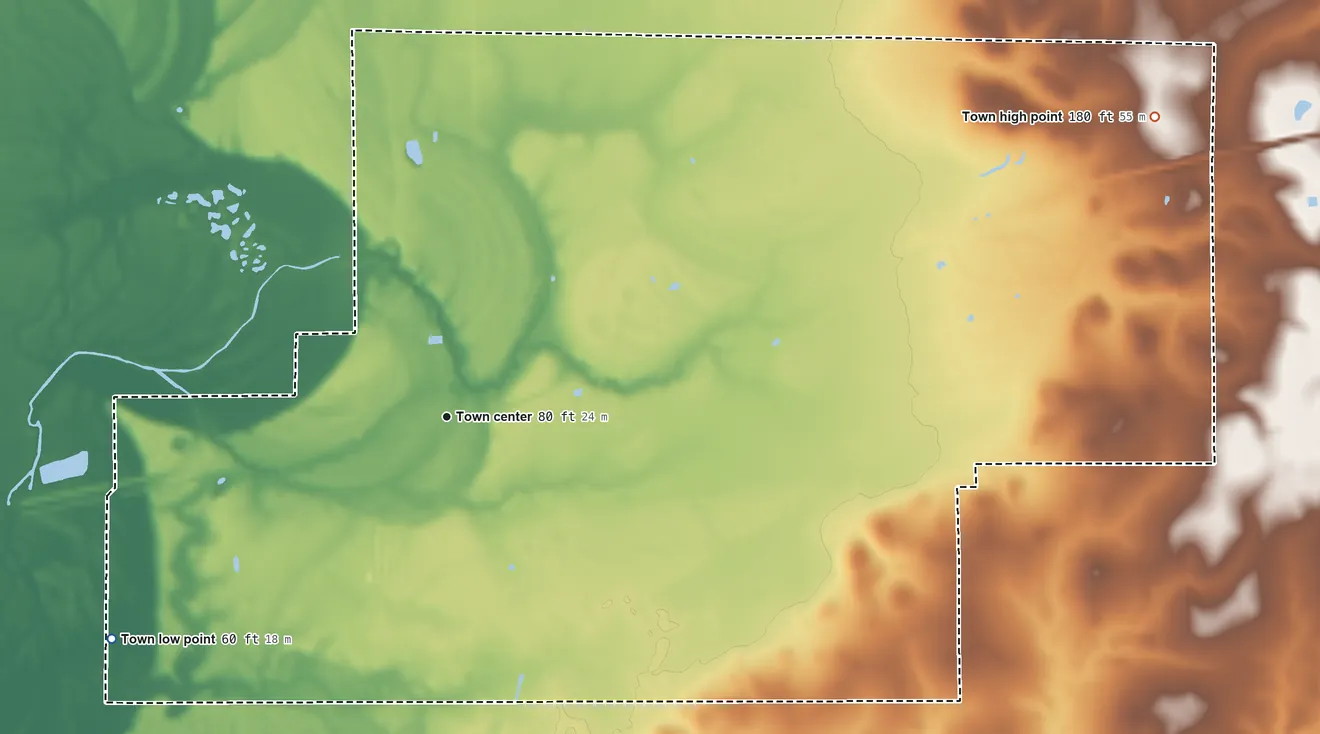 Topographic elevation map of Merryville, Louisiana, shaded from 60 ft on the southwest side to 180 ft on the northeast side