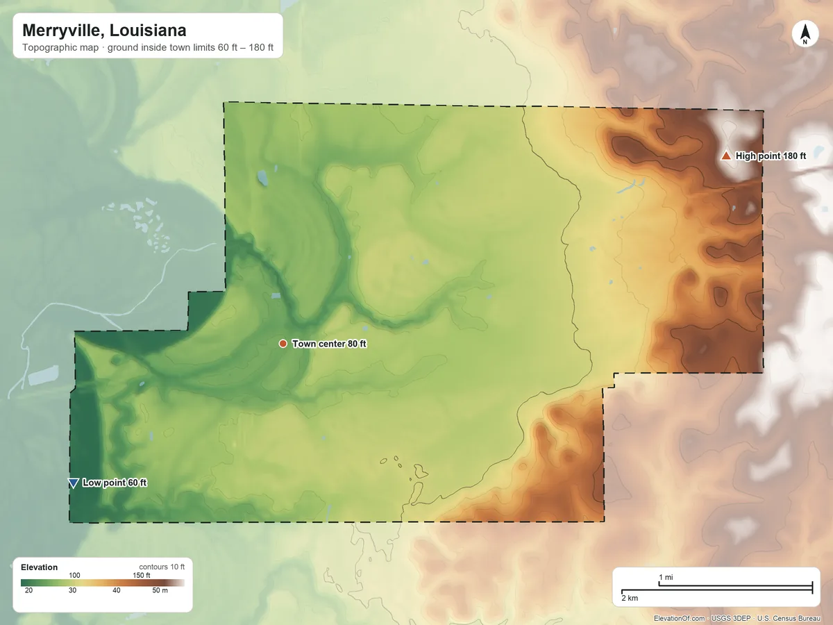 Topographic elevation map of Merryville, Louisiana, shaded from 60 ft on the southwest side to 180 ft on the northeast side