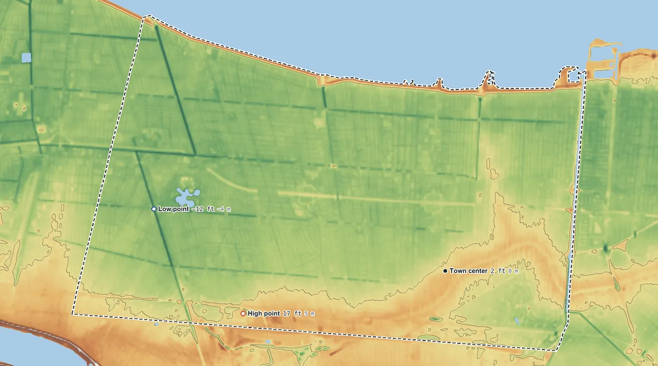 Topographic elevation map of Metairie, Louisiana, shaded from −12 ft on the west side to 17 ft on the west side