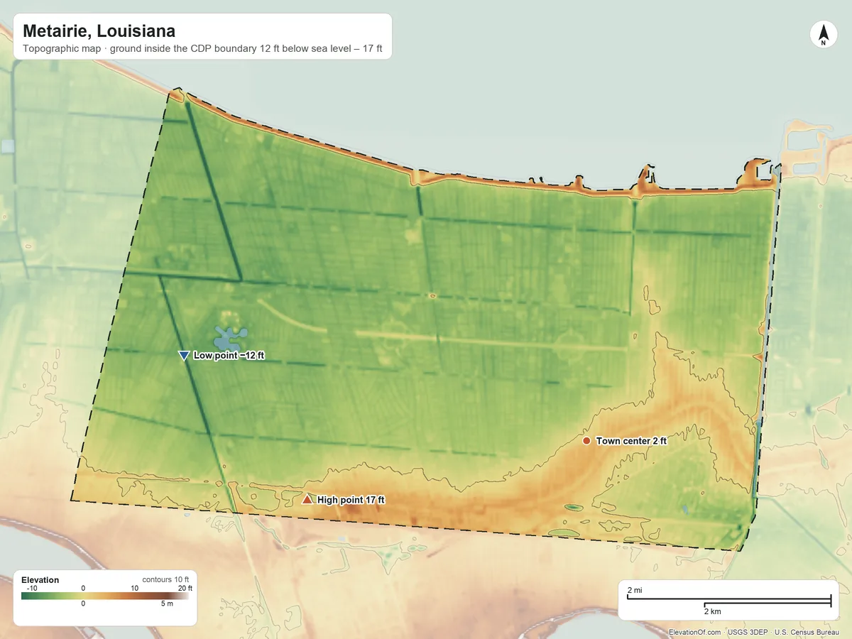 Topographic elevation map of Metairie, Louisiana, shaded from −12 ft on the west side to 17 ft on the west side