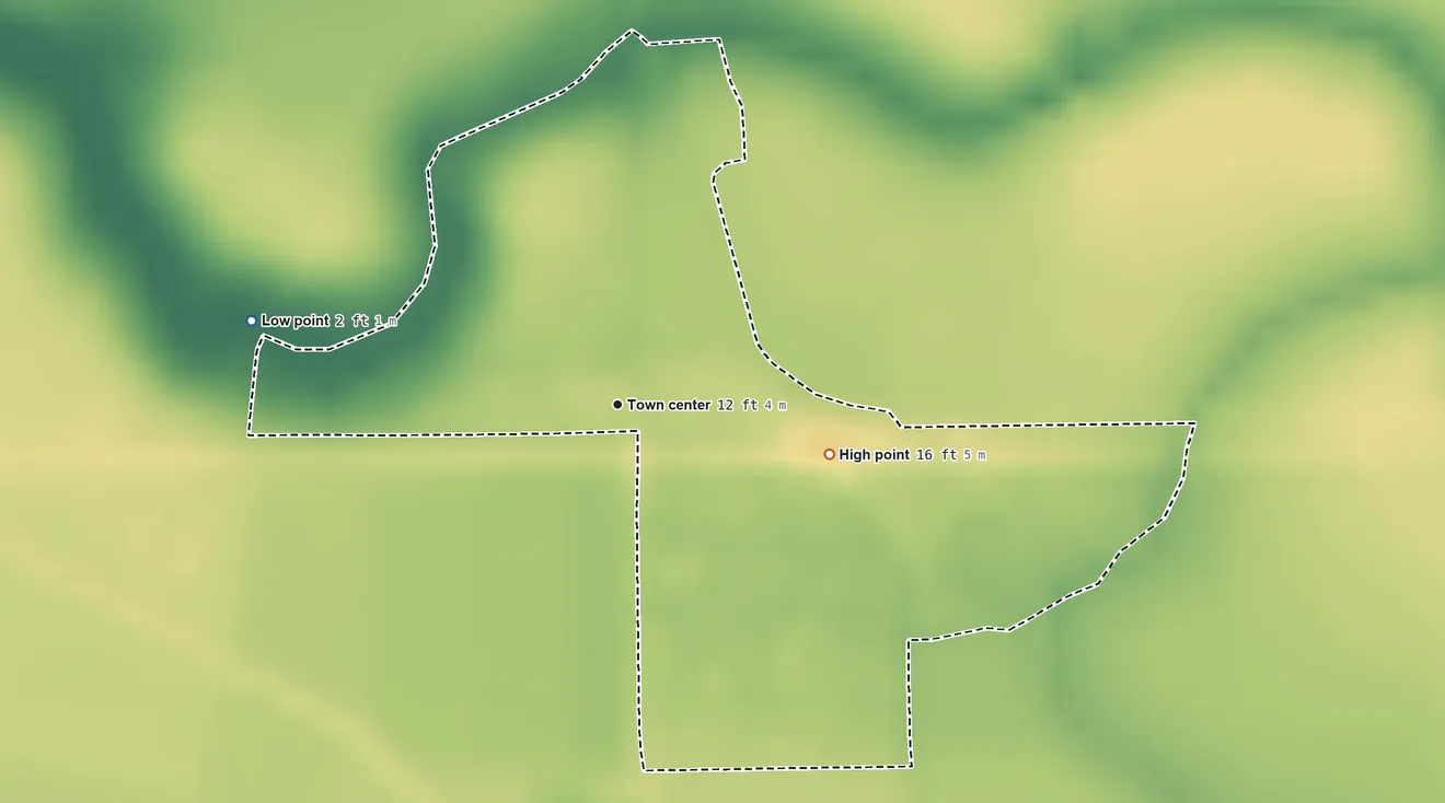 Topographic elevation map of Midland, Louisiana, shaded from 2 ft on the west side to 16 ft on the east side