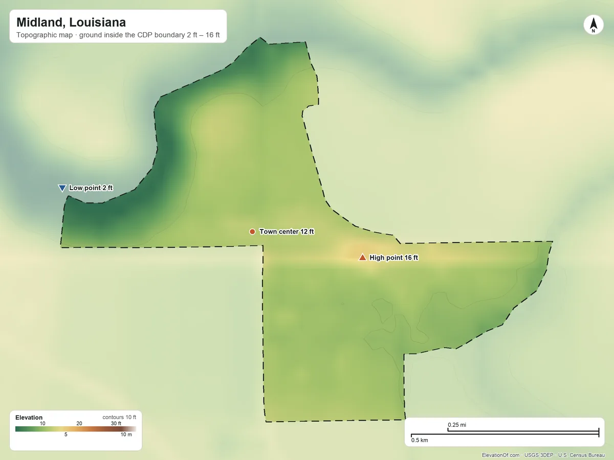 Topographic elevation map of Midland, Louisiana, shaded from 2 ft on the west side to 16 ft on the east side