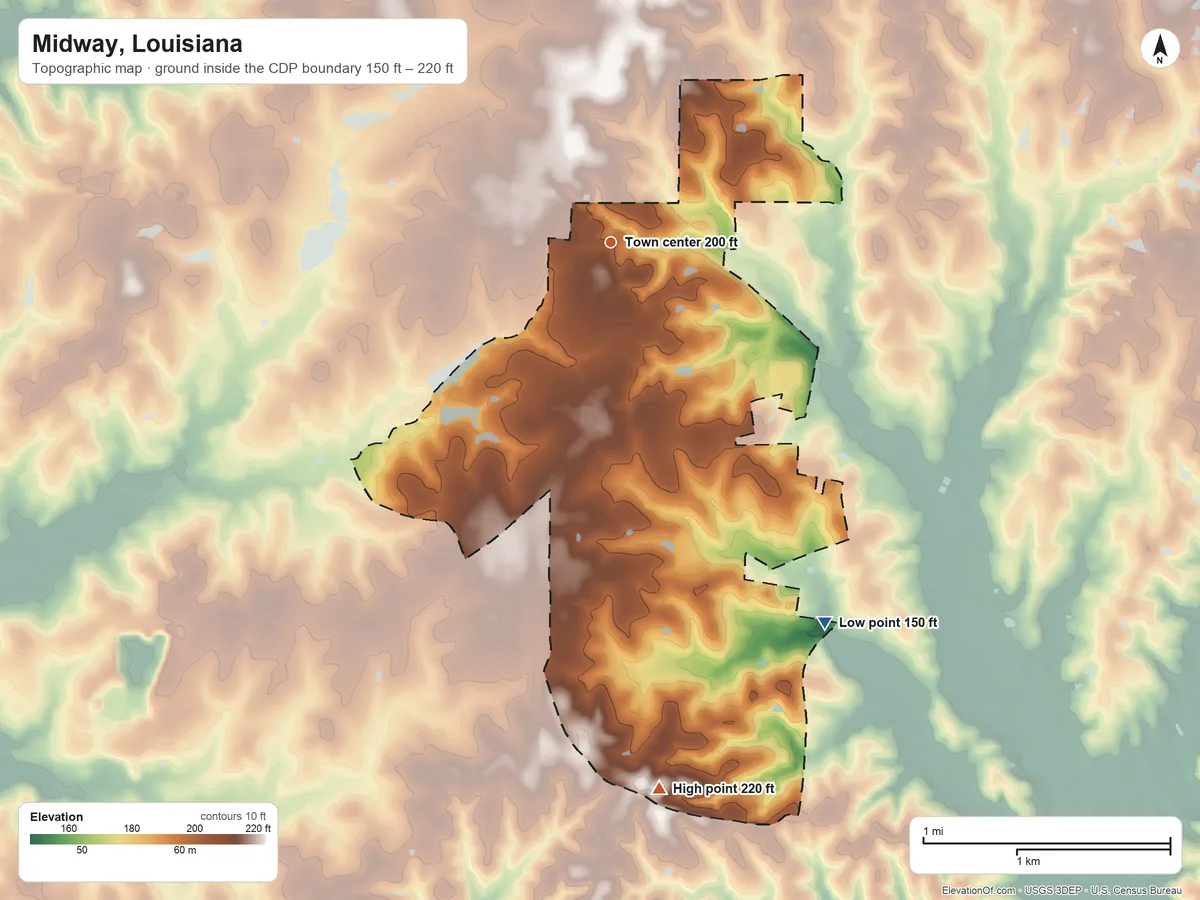 Topographic elevation map of Midway, Louisiana, shaded from 150 ft on the southeast side to 220 ft on the south side