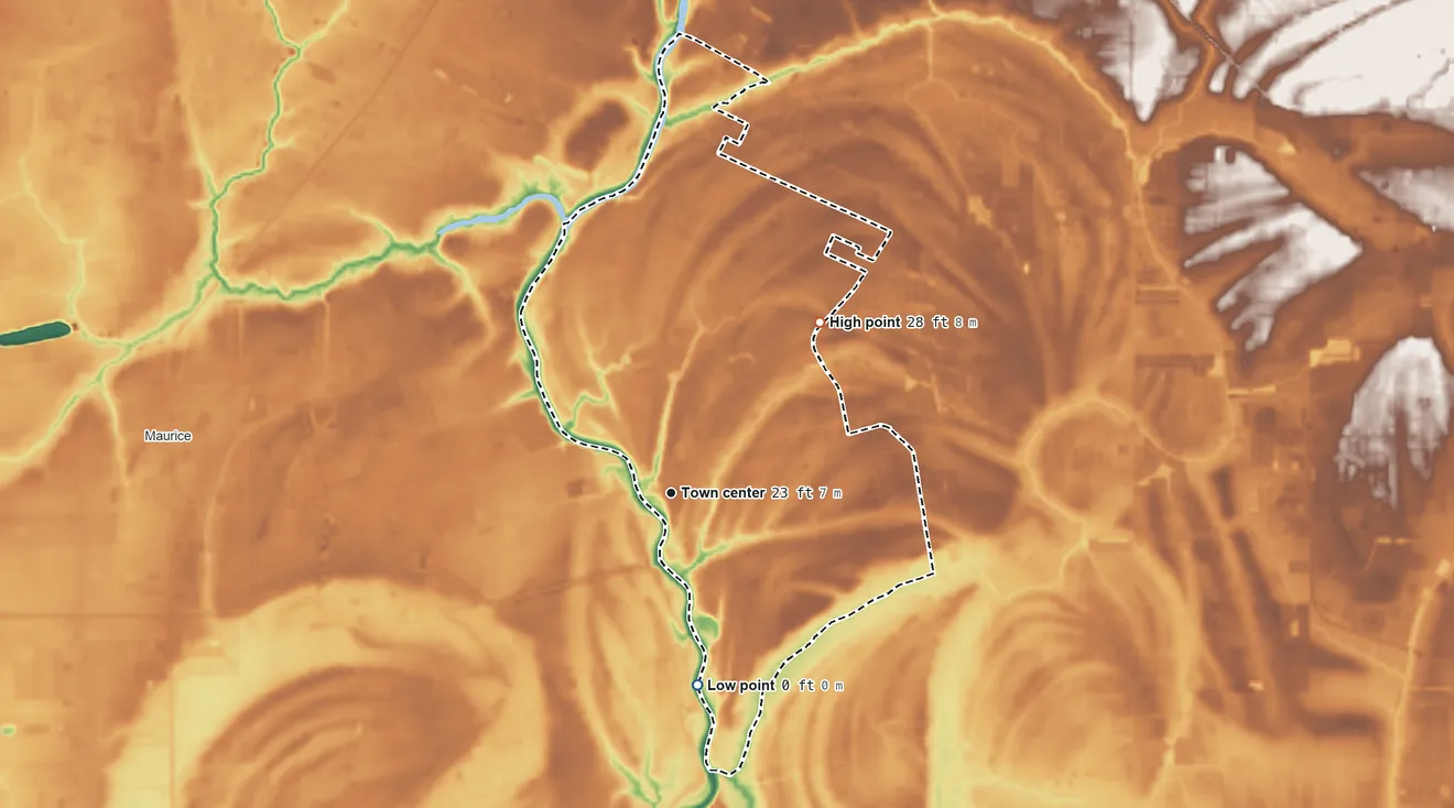 Topographic elevation map of Milton, Louisiana, shaded from 0 ft on the south side to 28 ft on the northeast side
