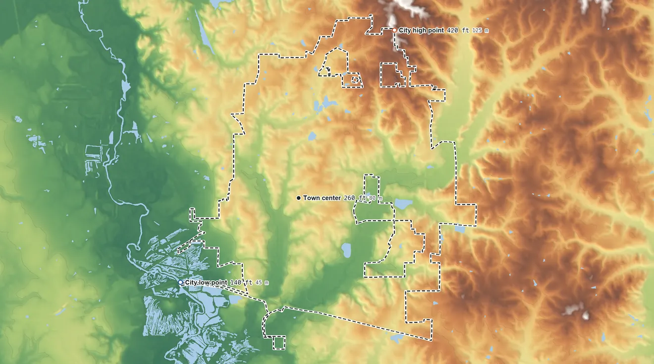 Topographic elevation map of Minden, Louisiana, shaded from 140 ft on the southwest side to 420 ft on the northeast side