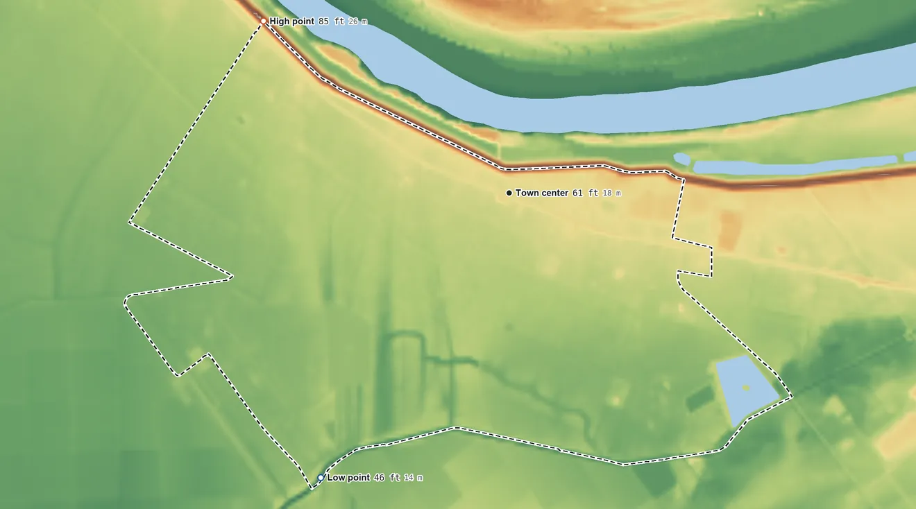 Topographic elevation map of Minorca, Louisiana, shaded from 46 ft on the southwest side to 85 ft on the northwest side