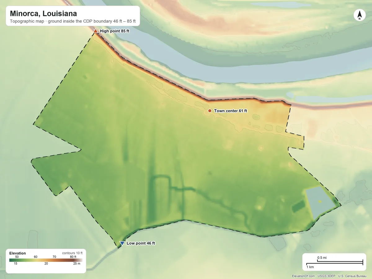 Topographic elevation map of Minorca, Louisiana, shaded from 46 ft on the southwest side to 85 ft on the northwest side
