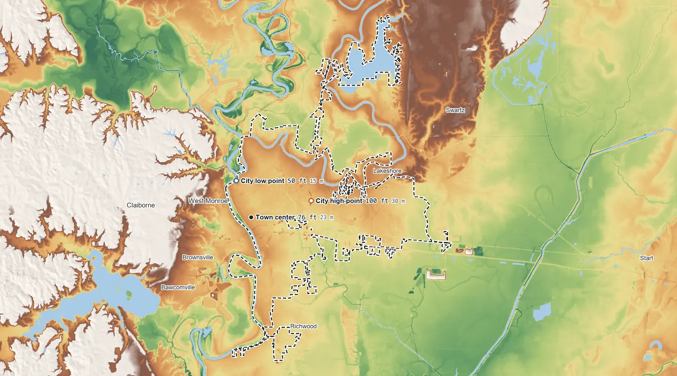 Topographic elevation map of Monroe, Louisiana, shaded from 50 ft near the middle to 100 ft on the east side