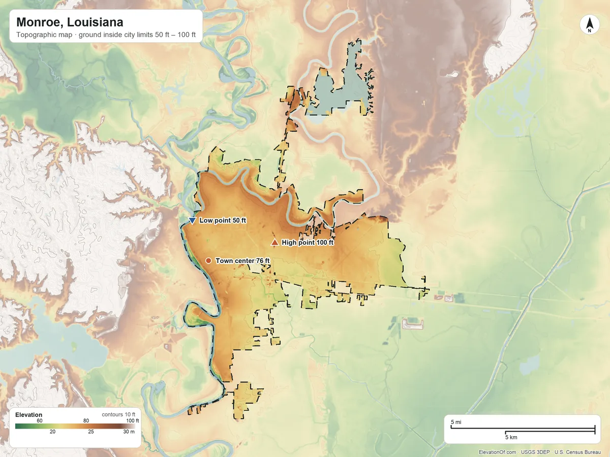 Topographic elevation map of Monroe, Louisiana, shaded from 50 ft near the middle to 100 ft on the east side