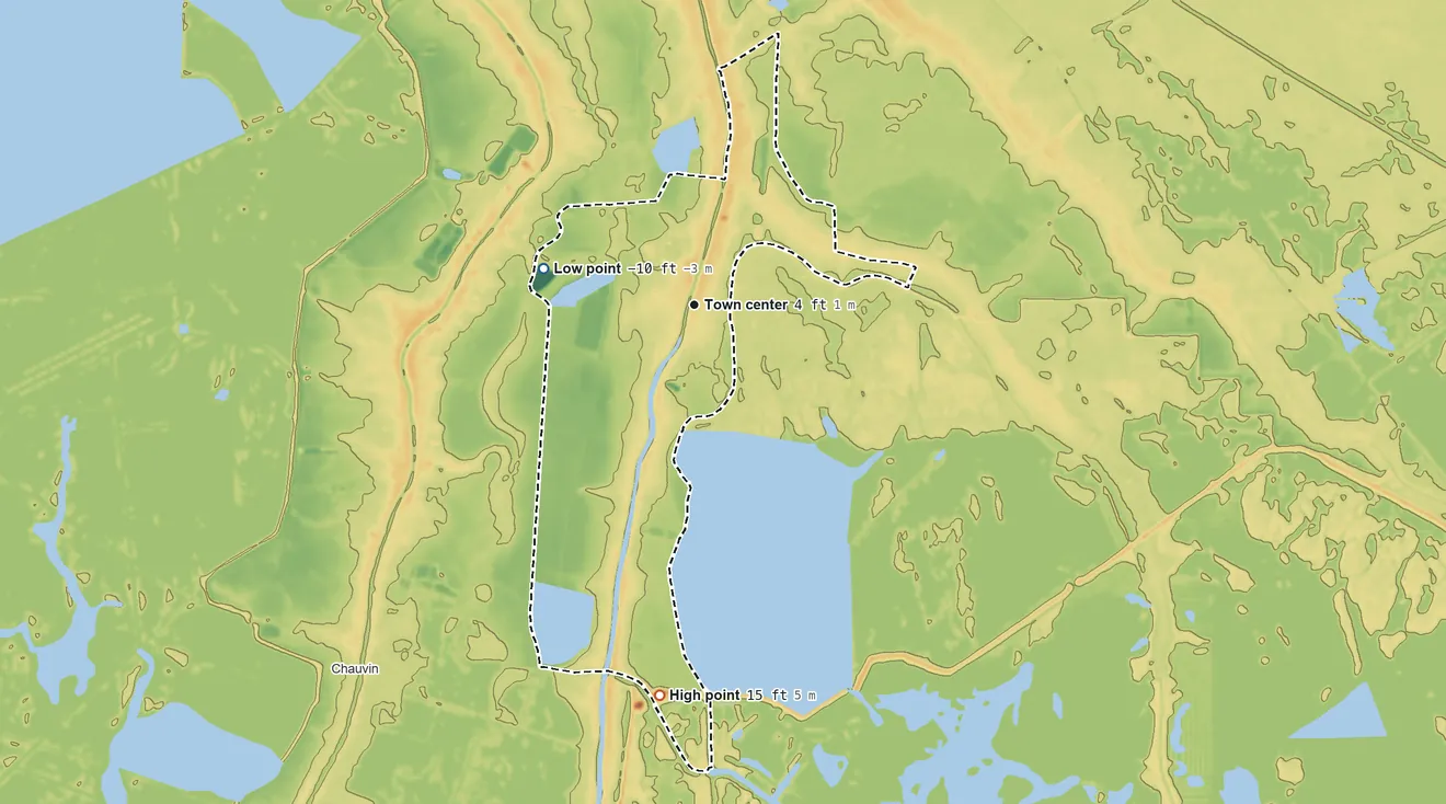 Topographic elevation map of Montegut, Louisiana, shaded from −10 ft on the west side to 15 ft on the south side