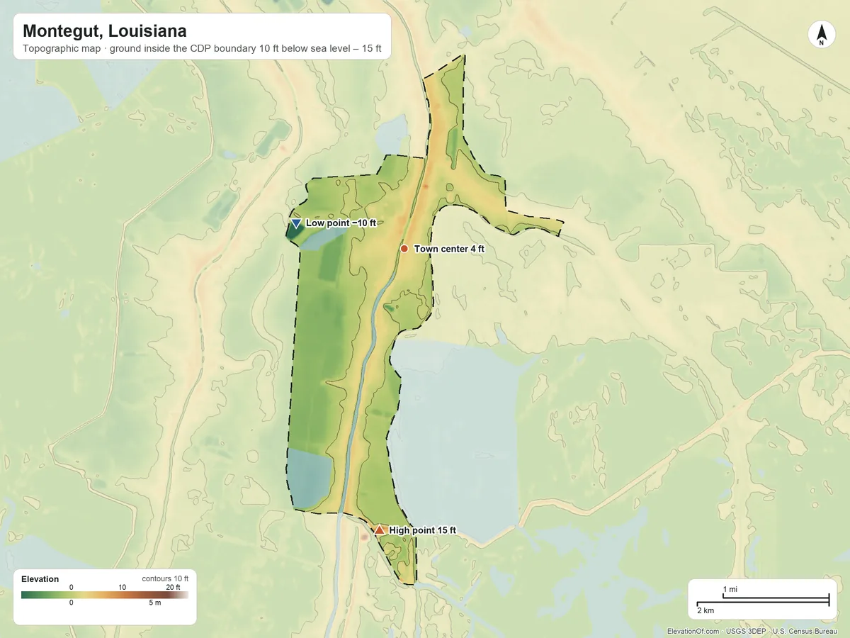 Topographic elevation map of Montegut, Louisiana, shaded from −10 ft on the west side to 15 ft on the south side