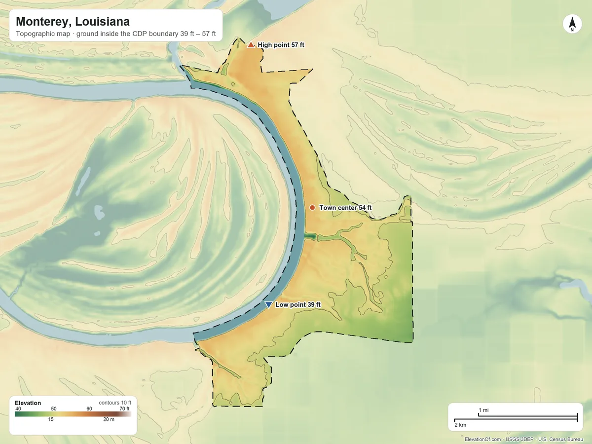 Topographic elevation map of Monterey, Louisiana, shaded from 39 ft on the southwest side to 57 ft on the north side