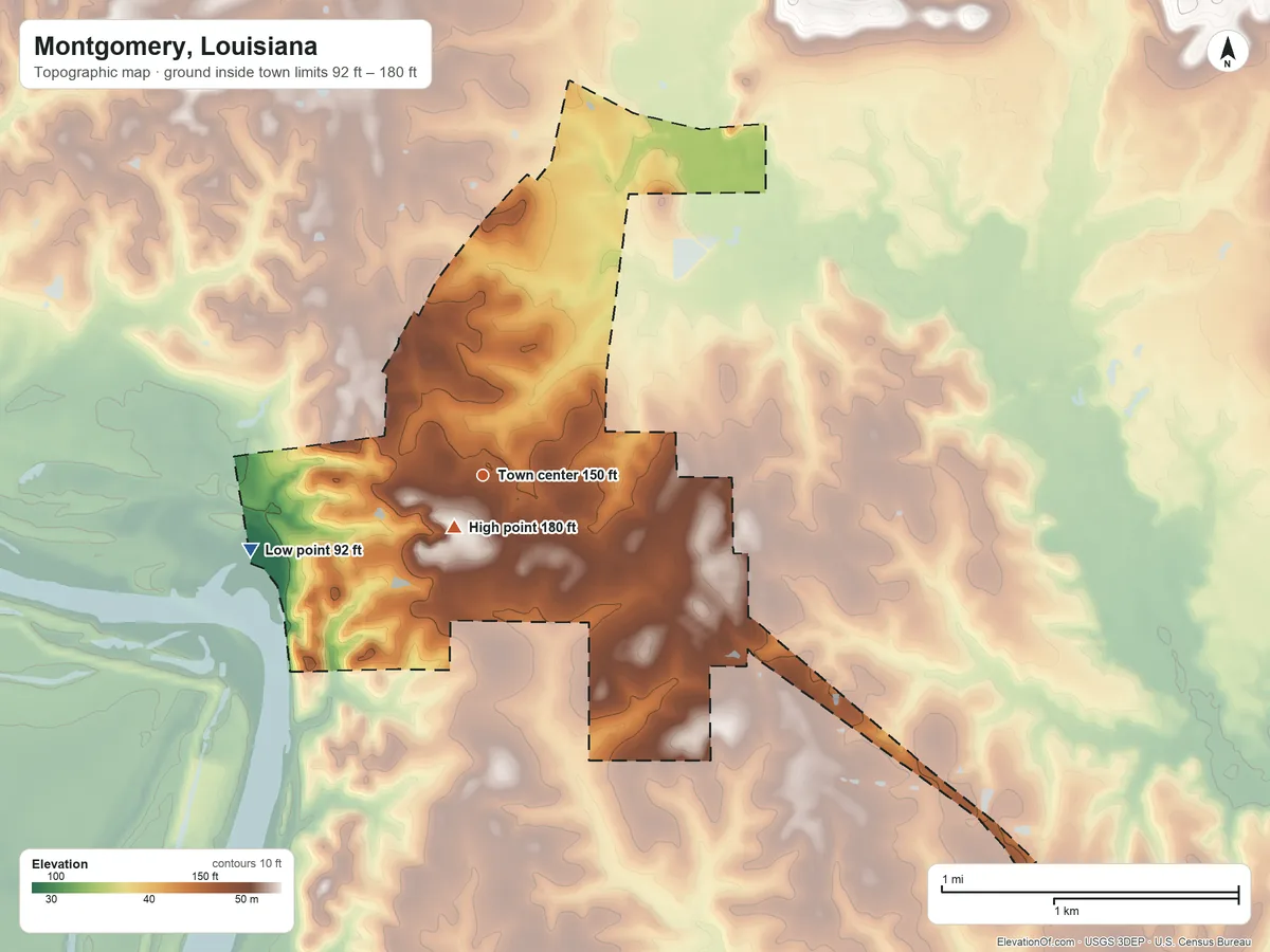 Topographic elevation map of Montgomery, Louisiana, shaded from 92 ft on the west side to 180 ft near the middle