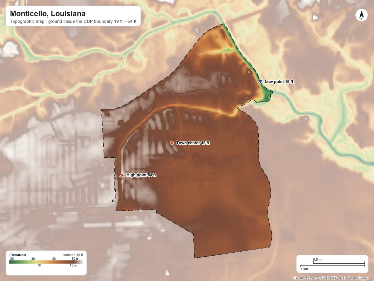 Topographic elevation map of Monticello, Louisiana, shaded from 19 ft on the northeast side to 54 ft on the southwest side
