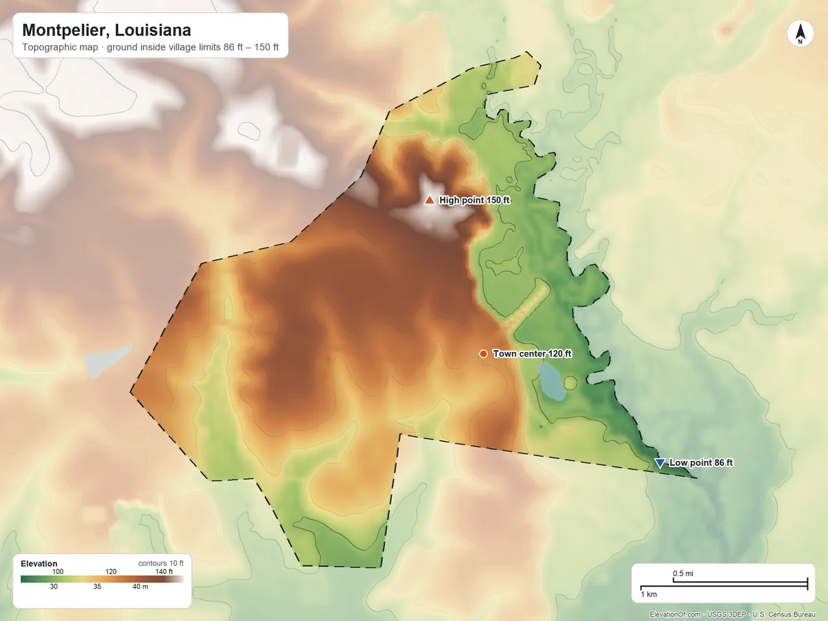 Topographic elevation map of Montpelier, Louisiana, shaded from 86 ft on the southeast side to 150 ft on the north side
