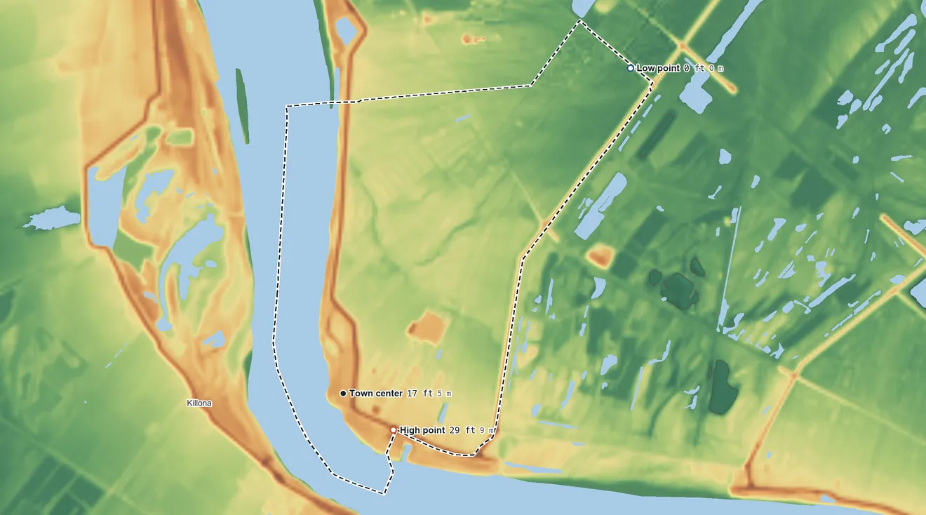 Topographic elevation map of Montz, Louisiana, shaded from 0 ft on the northeast side to 29 ft on the southeast side