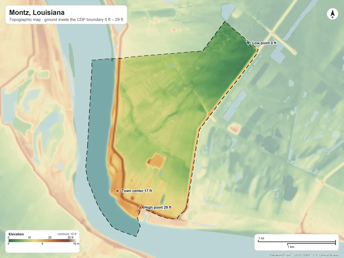 Topographic elevation map of Montz, Louisiana, shaded from 0 ft on the northeast side to 29 ft on the southeast side