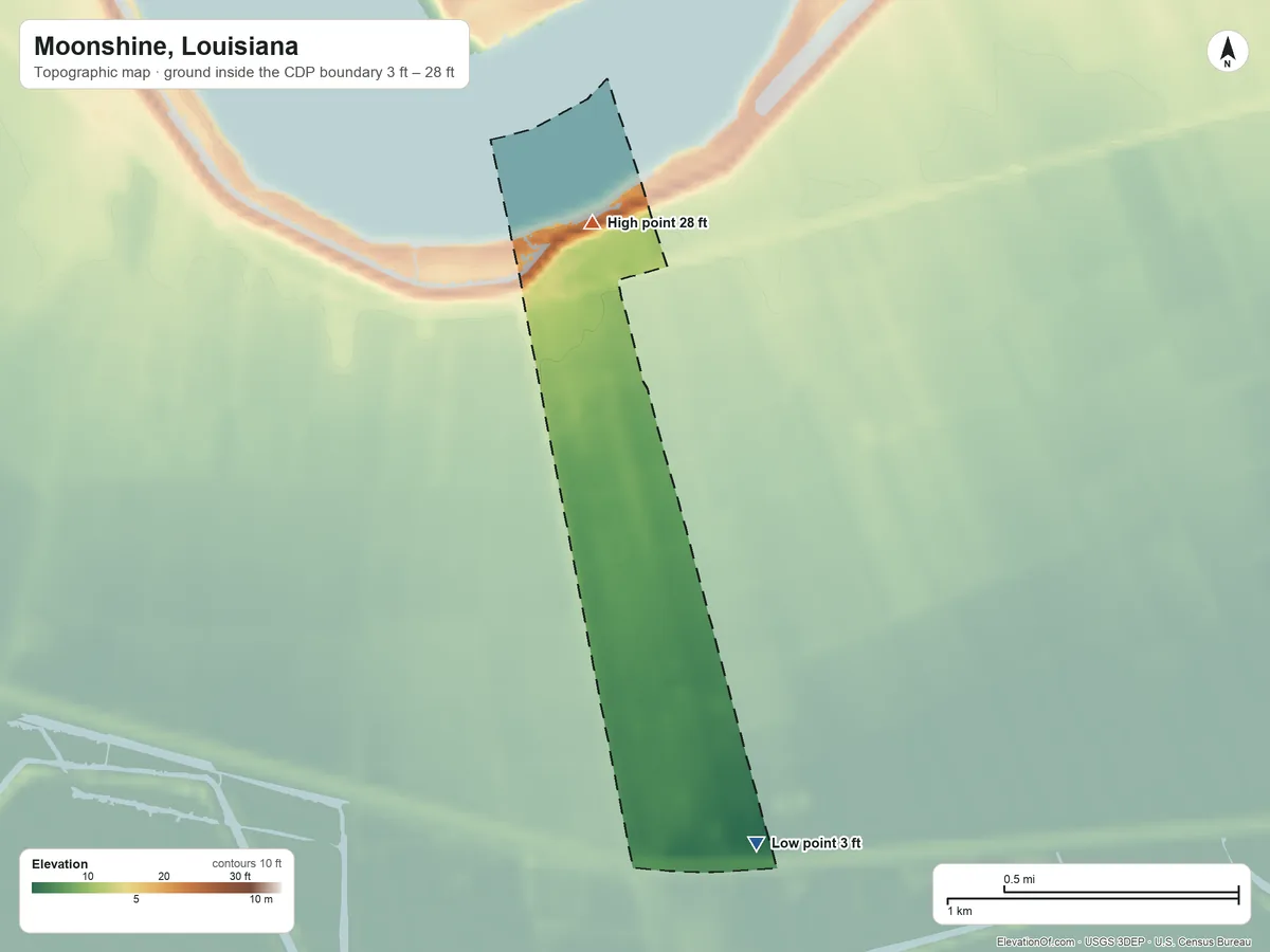 Topographic elevation map of Moonshine, Louisiana, shaded from 3 ft on the south side to 28 ft on the north side