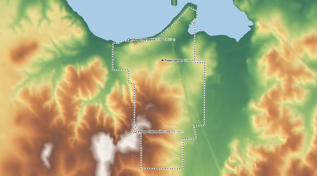 Topographic elevation map of Mooringsport, Louisiana, shaded from 170 ft on the northwest side to 300 ft on the south side