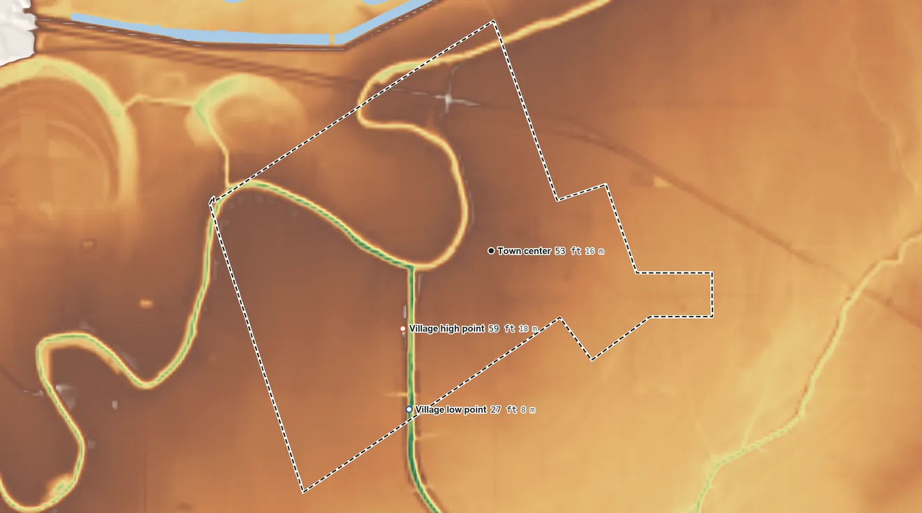 Topographic elevation map of Moreauville, Louisiana, shaded from 27 ft on the southwest side to 59 ft on the southwest side