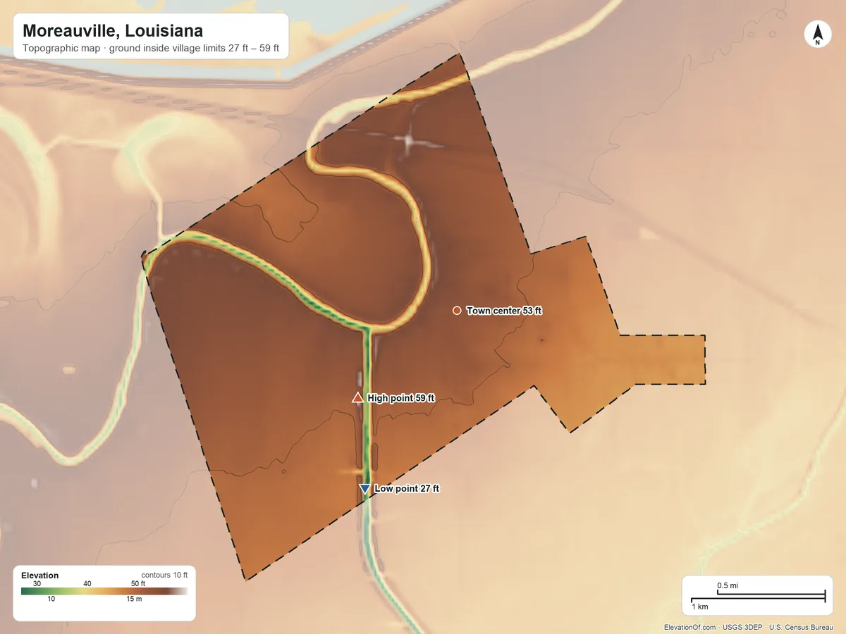 Topographic elevation map of Moreauville, Louisiana, shaded from 27 ft on the southwest side to 59 ft on the southwest side