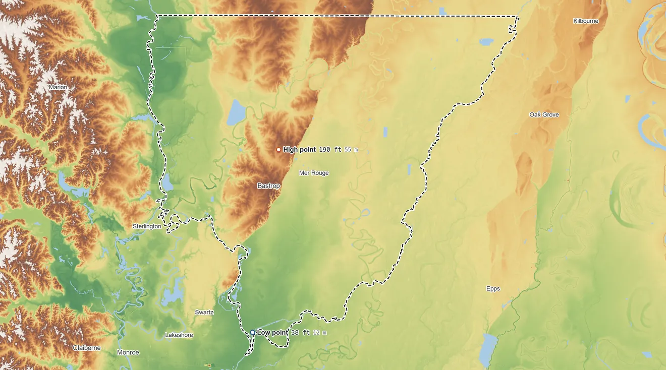 Topographic elevation map of Morehouse Parish, Louisiana, shaded from 38 ft on the southwest side to 190 ft on the northwest side