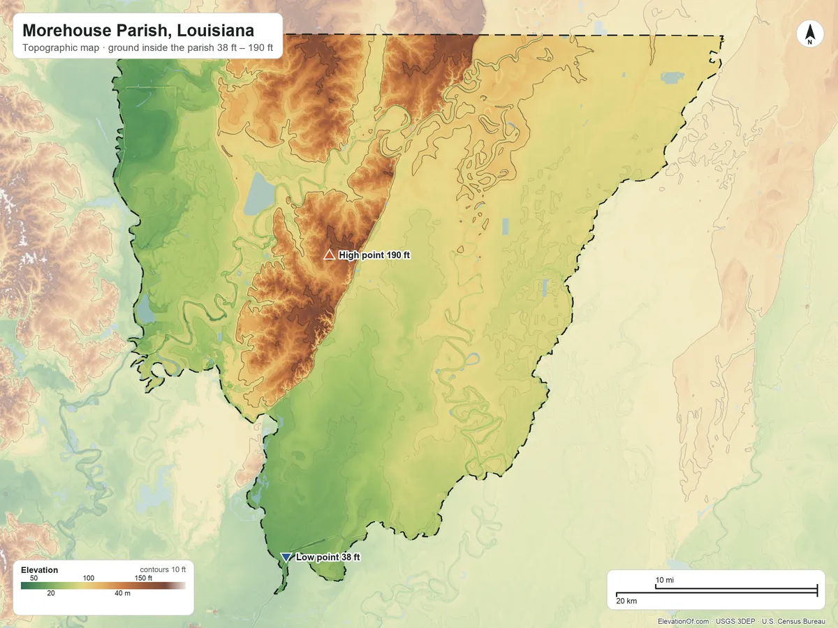 Topographic elevation map of Morehouse Parish, Louisiana, shaded from 38 ft on the southwest side to 190 ft on the northwest side