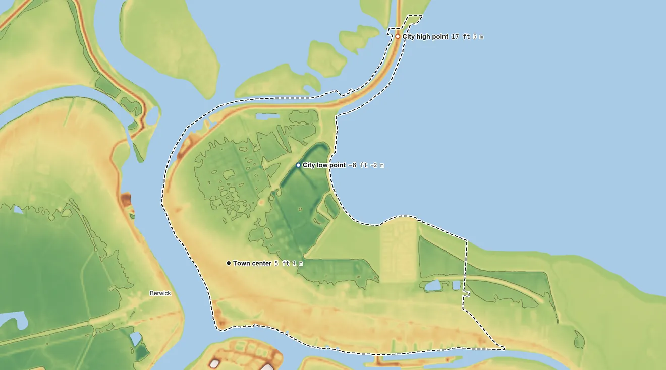 Topographic elevation map of Morgan City, Louisiana, shaded from −8 ft on the northeast side to 17 ft on the northeast side