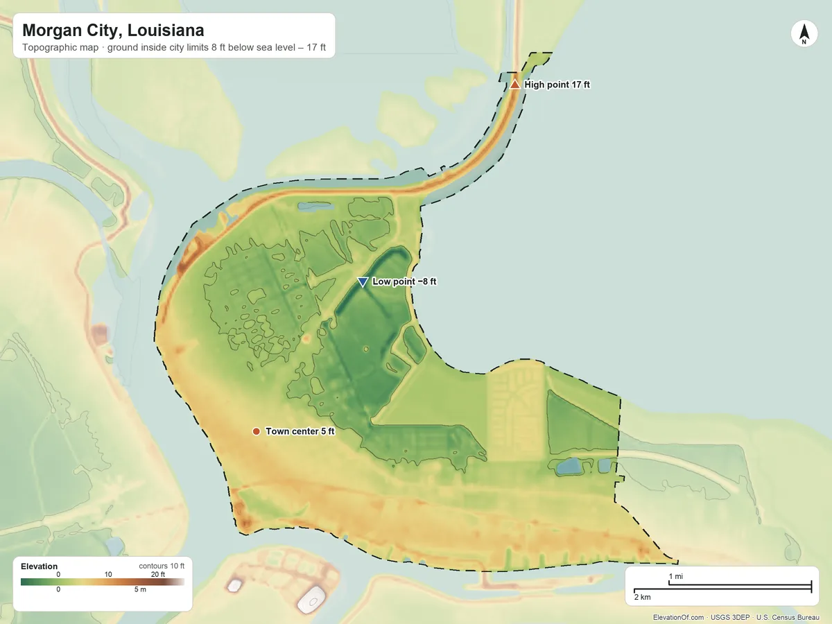 Topographic elevation map of Morgan City, Louisiana, shaded from −8 ft on the northeast side to 17 ft on the northeast side