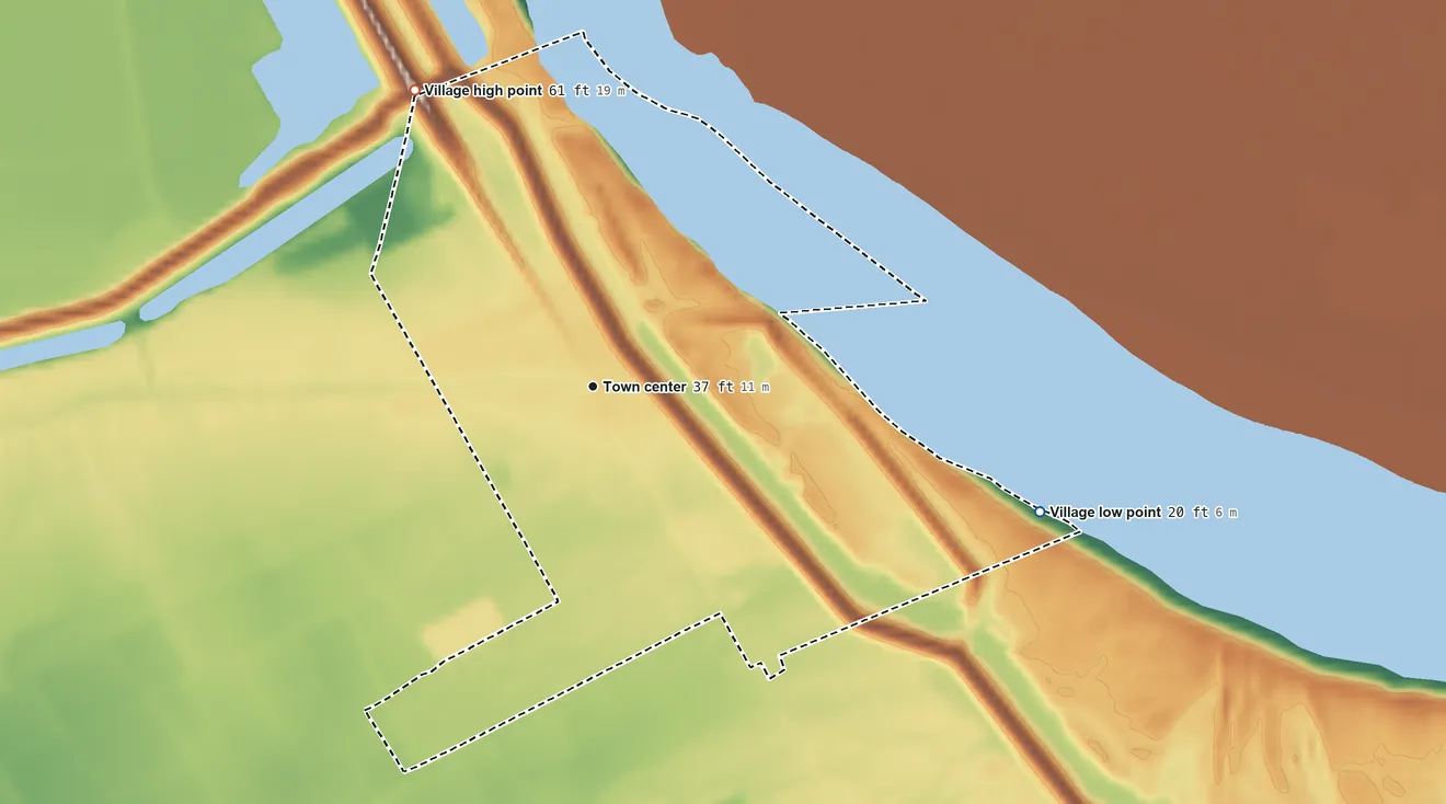 Topographic elevation map of Morganza, Louisiana, shaded from 20 ft on the east side to 61 ft on the northwest side