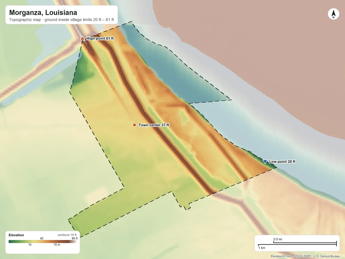 Topographic elevation map of Morganza, Louisiana, shaded from 20 ft on the east side to 61 ft on the northwest side