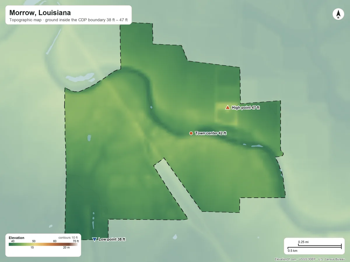 Topographic elevation map of Morrow, Louisiana, shaded from 38 ft on the southwest side to 47 ft on the northeast side