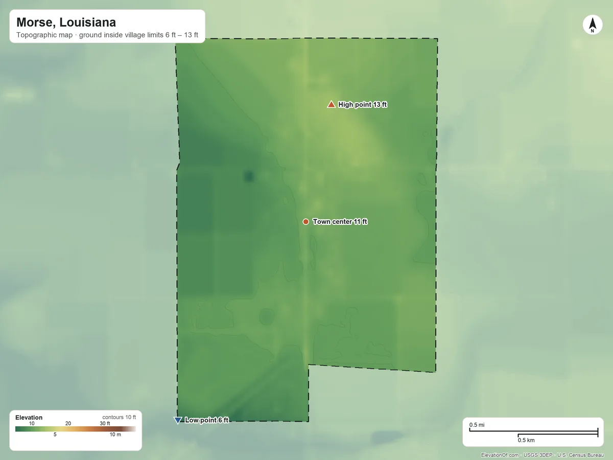 Topographic elevation map of Morse, Louisiana, shaded from 6 ft on the southwest side to 13 ft on the north side