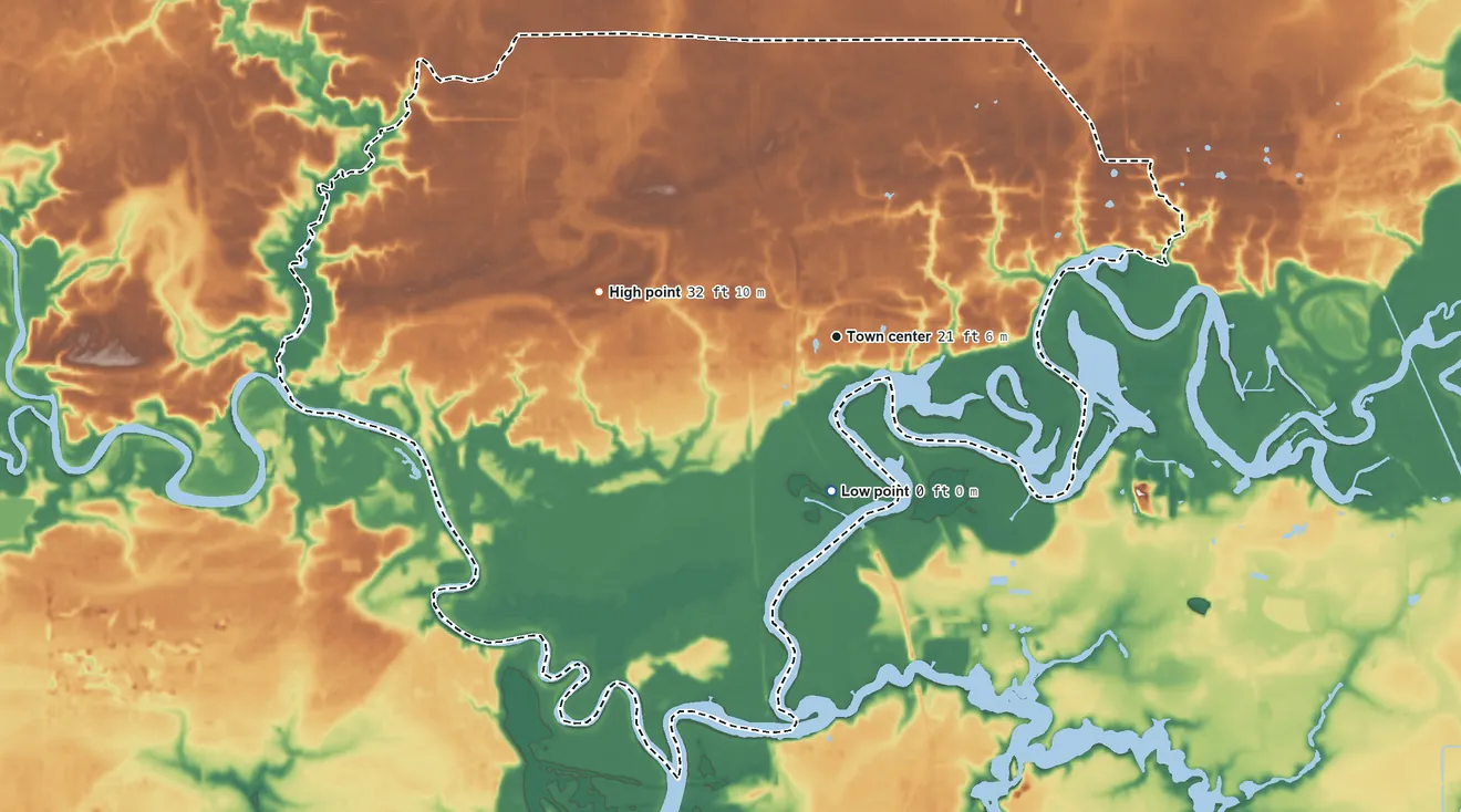 Topographic elevation map of Moss Bluff, Louisiana, shaded from sea level level on Berry Bay to 32 ft on the west side