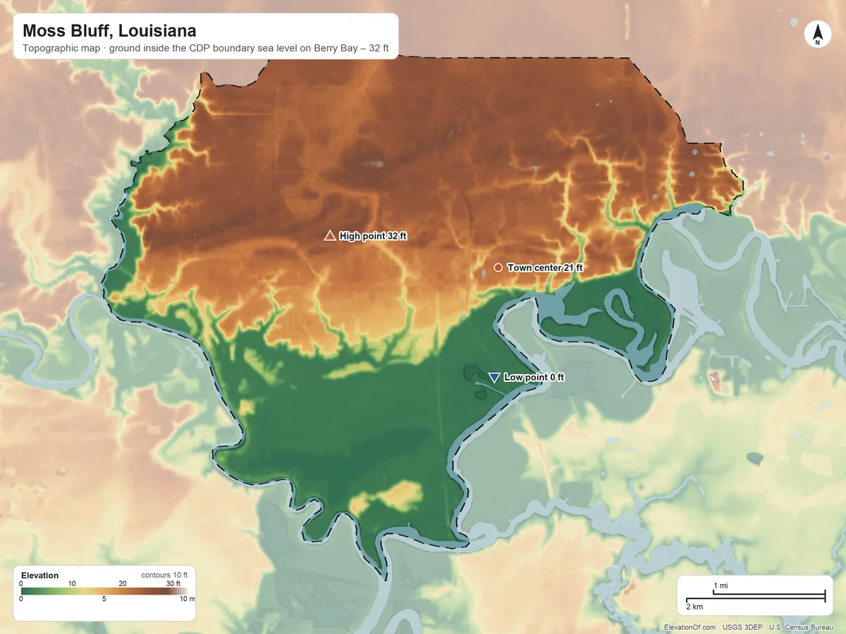 Topographic elevation map of Moss Bluff, Louisiana, shaded from sea level level on Berry Bay to 32 ft on the west side