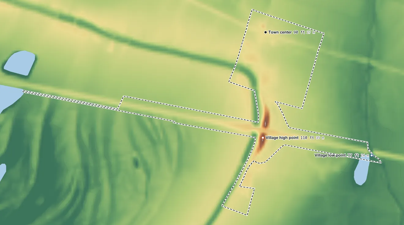 Topographic elevation map of Mound, Louisiana, shaded from 77 ft on the southeast side to 110 ft on the south side