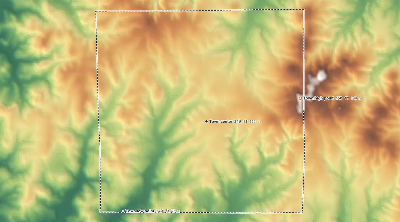 Topographic elevation map of Mount Lebanon, Louisiana, shaded from 240 ft on the southwest side to 450 ft on the east side