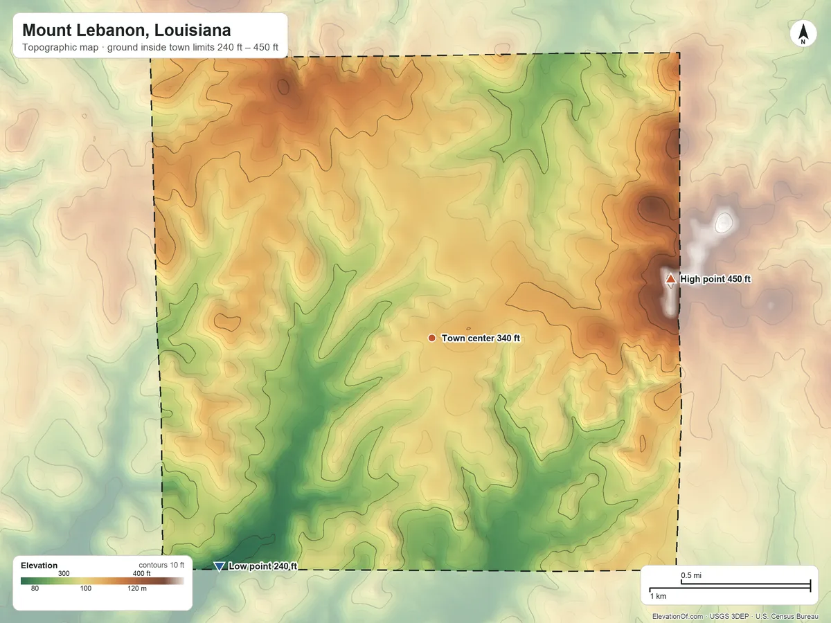 Topographic elevation map of Mount Lebanon, Louisiana, shaded from 240 ft on the southwest side to 450 ft on the east side
