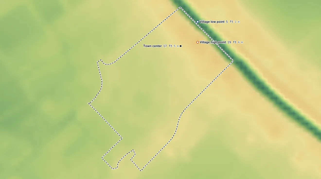 Topographic elevation map of Napoleonville, Louisiana, shaded from 5 ft on the northeast side to 19 ft near the middle