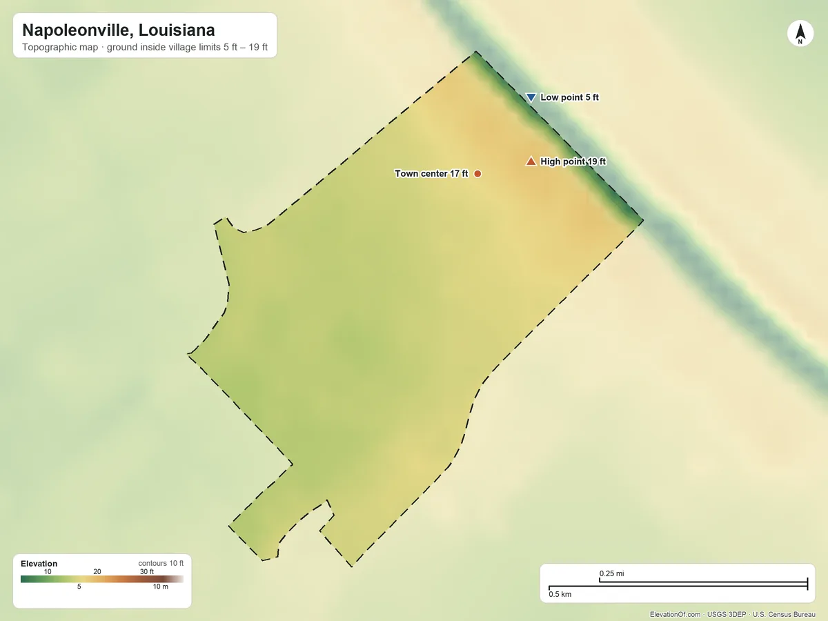 Topographic elevation map of Napoleonville, Louisiana, shaded from 5 ft on the northeast side to 19 ft near the middle