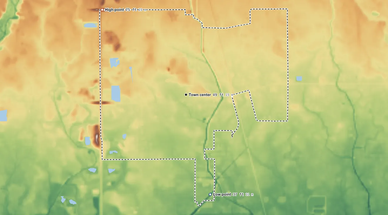Topographic elevation map of Natalbany, Louisiana, shaded from 37 ft on the south side to 75 ft on the northwest side