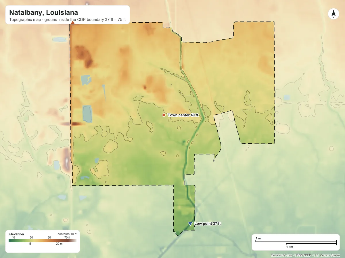 Topographic elevation map of Natalbany, Louisiana, shaded from 37 ft on the south side to 75 ft on the northwest side