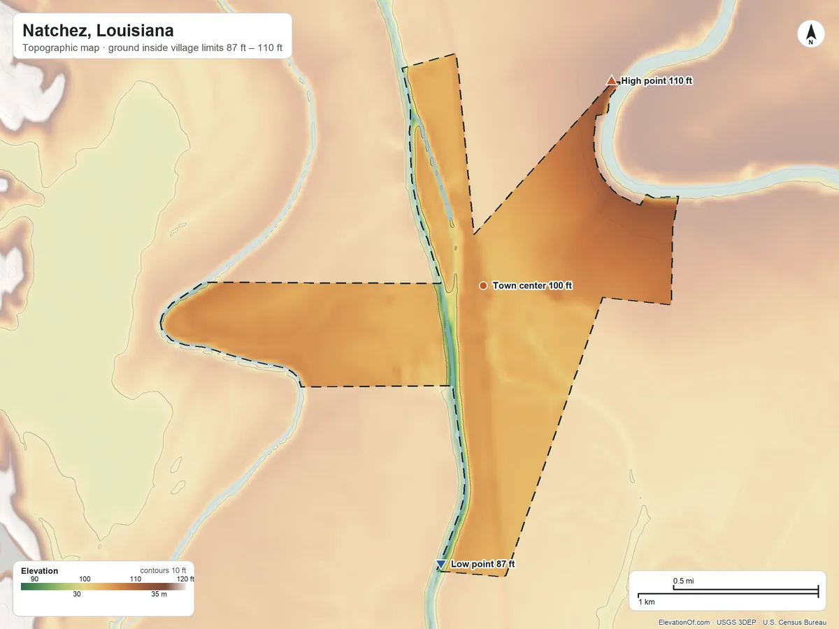 Topographic elevation map of Natchez, Louisiana, shaded from 87 ft on the south side to 110 ft on the northeast side