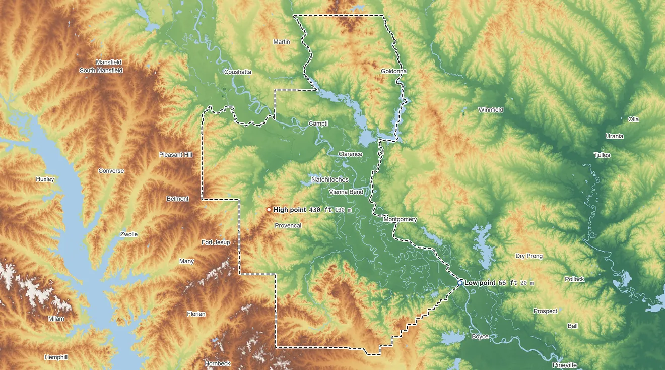 Topographic elevation map of Natchitoches Parish, Louisiana, shaded from 66 ft on the southeast side to 430 ft on the west side